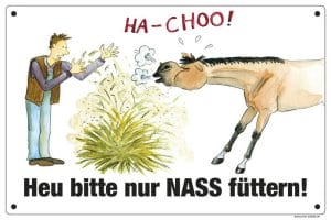 Comic Schild Pferd - Heu bitte nass füttern