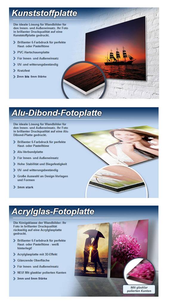 Materialienauswahl Kunststoff Forex, AluDibond und Acrylglas