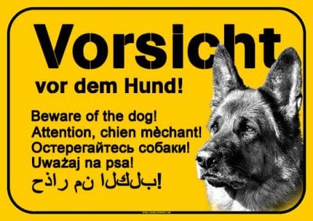 Hundeschild | Vorsicht vor dem Hund - mehrsprachig - gelb