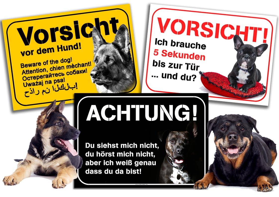 Eine Reihe deutscher Hundeschilder mit verschiedenen Wörtern darauf.