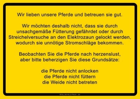 Ein gelbes Weideschild Pferd „Liebe Besucher“ (Kopie) mit der Aufschrift auf Deutsch.